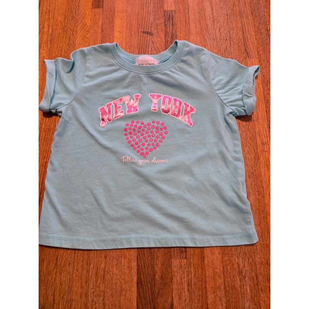 btween Girls 8 Aqua Pink New York Follow‎ Your Dreams Heart Metallic Tee Shirt